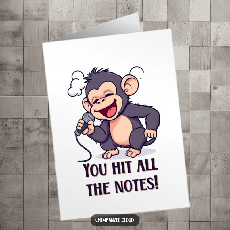 Funny Free Printable congratulations card: a playful chimpanzee sings into a cloud with a microphone.