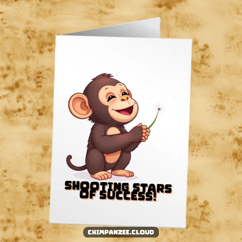 Funny Free Printable Congratulations Card: Delighted chimpanzee blowing dandelion seeds into the starry sky, celebrating success.