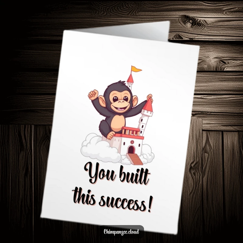 Funny Free Printable Congrats Card: a chimpanzee mischievously building a castle out of clouds, a creative downloadable gift.