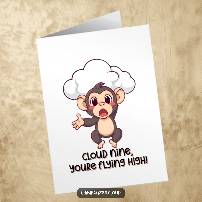 Funny Free Printable Congrats Card: Chimpanzee surprised by a cloud toss, signifying a triumphant elevation.