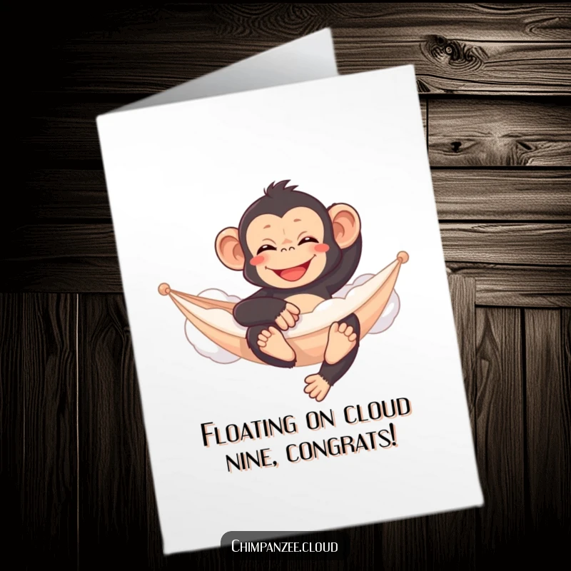 Funny Free Printable Congratulations Card: Content chimpanzee relaxing on a cloud hammock, a chill way to celebrate.