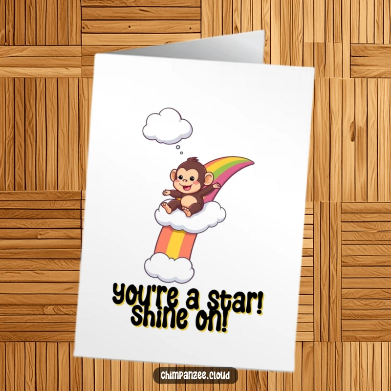 Funny Free Printable Congratulations Card: A playful chimpanzee slides joyfully down a rainbow, a fun symbol of reaching goals.