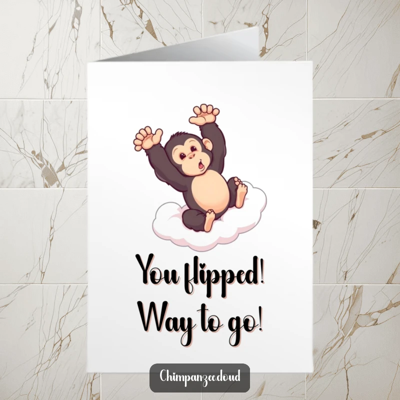 Funny Free Printable Congratulations Card: A playful chimpanzee doing a somersault on a cloud, expressing enthusiastic celebration and achievement.