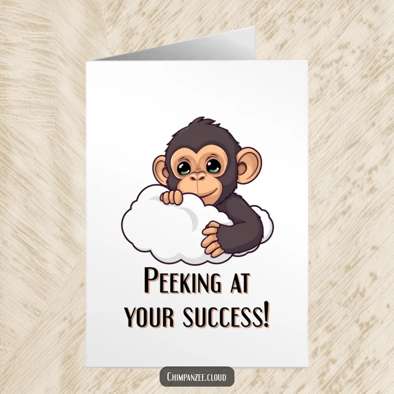 Funny Free Printable Congratulations Card: A chimpanzee peeking from behind a cloud, conveying surprise and celebratory cheer.