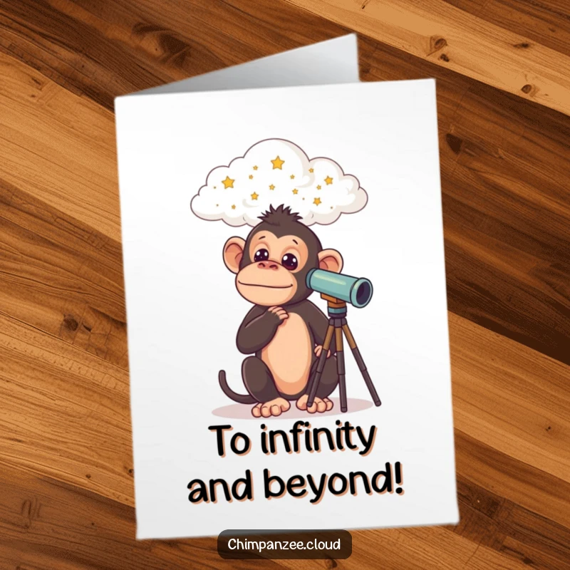 Funny Free Printable Congrats Card: A curious chimpanzee peers through a telescope at stars from a cloud, celebrating success. A downloadable gift.