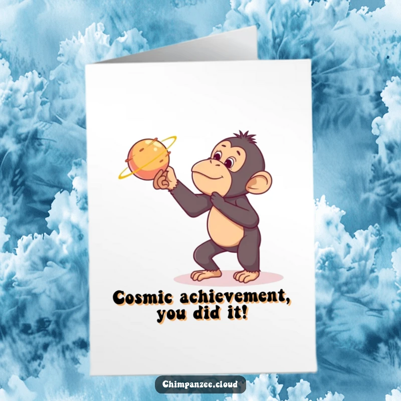 Funny Free Printable Congratulations Card: Mischievous chimpanzee playfully tickling a comet, celebrating success in the stars.
