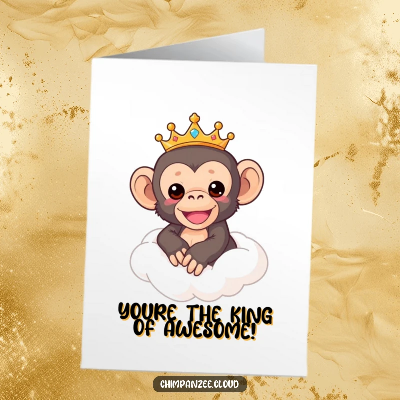 Funny Free Printable Congrats Card: Cute chimp wearing a crown rides a fluffy cloud, signifying a grand achievement. A unique downloadable gift.