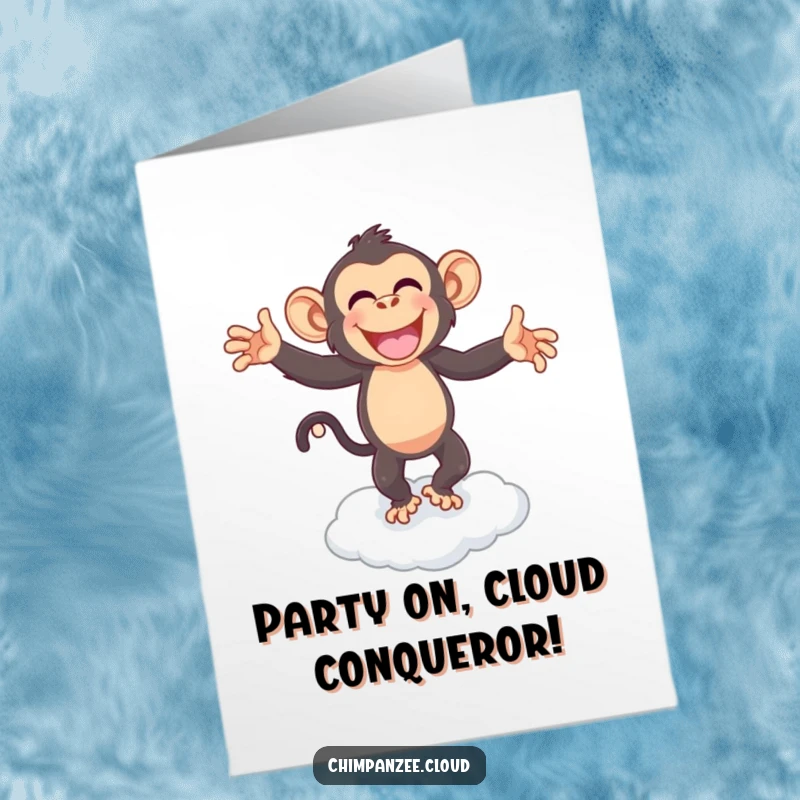 Funny Free Printable Congrats Card: A chimpanzee performs an energetic happy dance on a cloud, celebrating a big win.