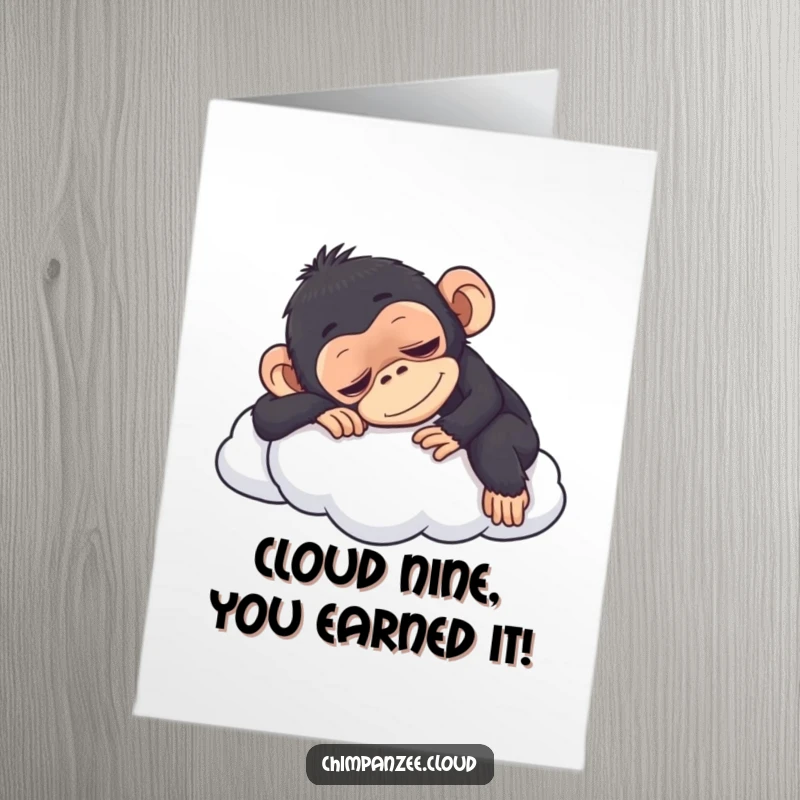 Funny Free Printable Congrats Card with a relaxed chimpanzee napping soundly on a cloud, celebrating achievement.