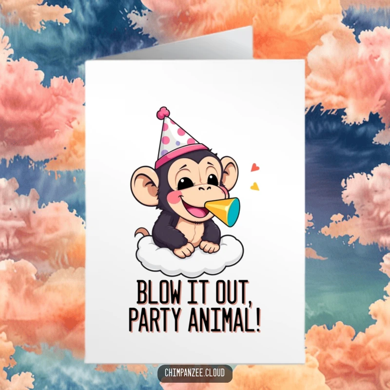 Funny Free Printable Congratulations Card: Cheerful chimpanzee with a party hat and noisemaker on a cloud. Congrats art.