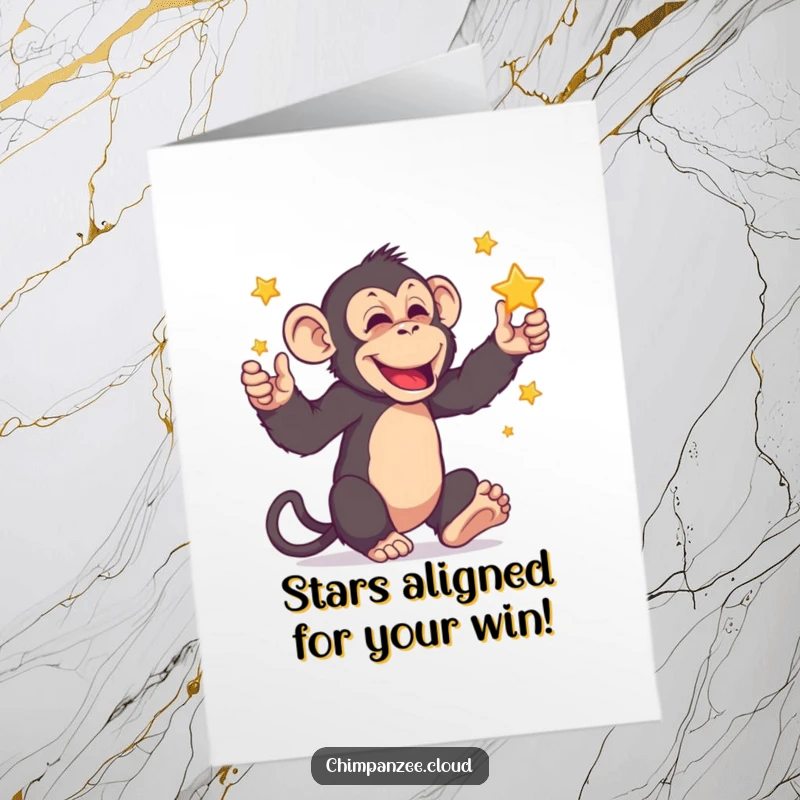 Funny Free Printable Congrats Card: A chimpanzee impressively juggling miniature stars, celebrating a stellar achievement.