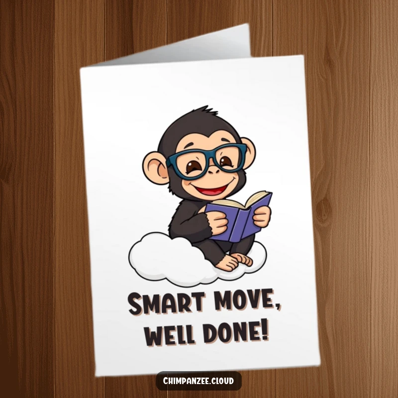 Funny free printable congratulations card featuring a chimpanzee in glasses engrossed in a book on a cloud.