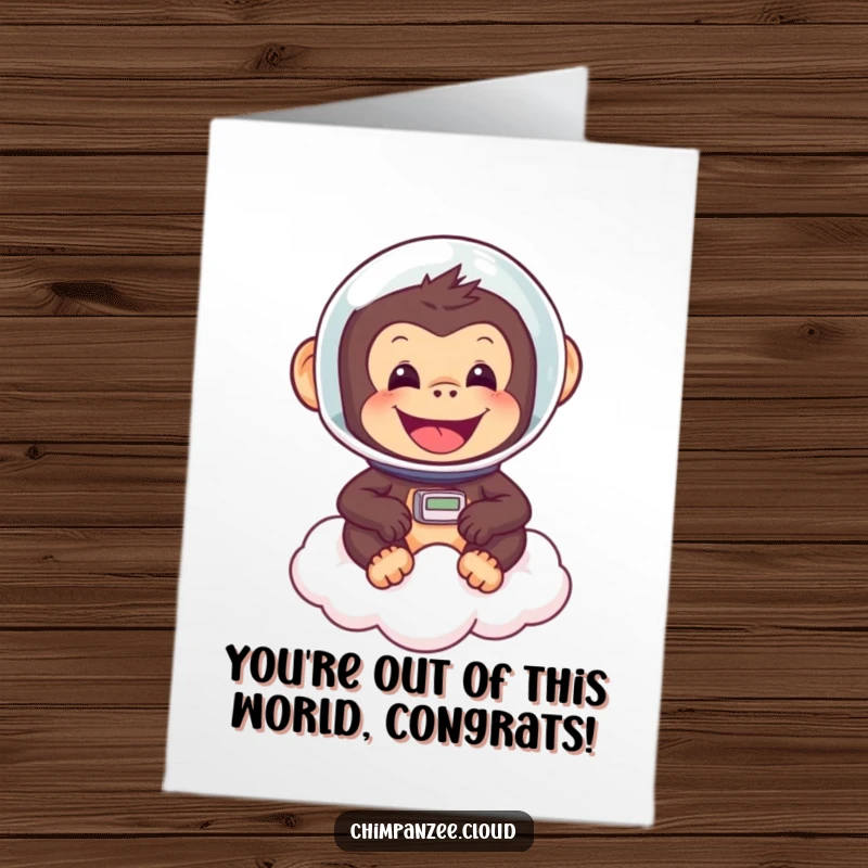 Funny Free Printable Congratulations Card: Happy chimp astronaut floating on cloud, celebrating an amazing accomplishment.