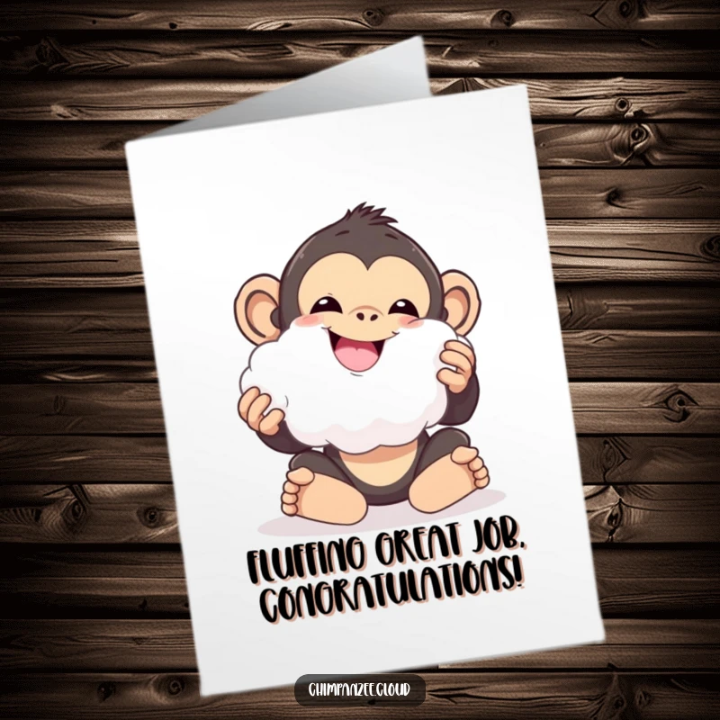 Funny Free Printable Congratulations Card: Happy chimp playing with cloud fluff, embodying absolute delight and cheer.