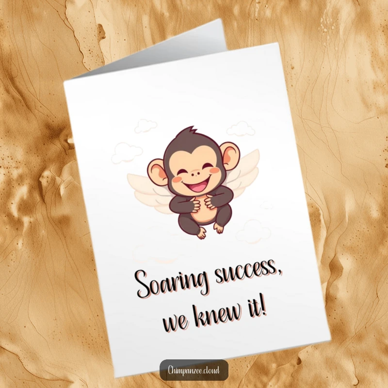 Funny Free Printable Congratulations Card: Smiling chimp with wings soars between clouds, celebrating incredible success.