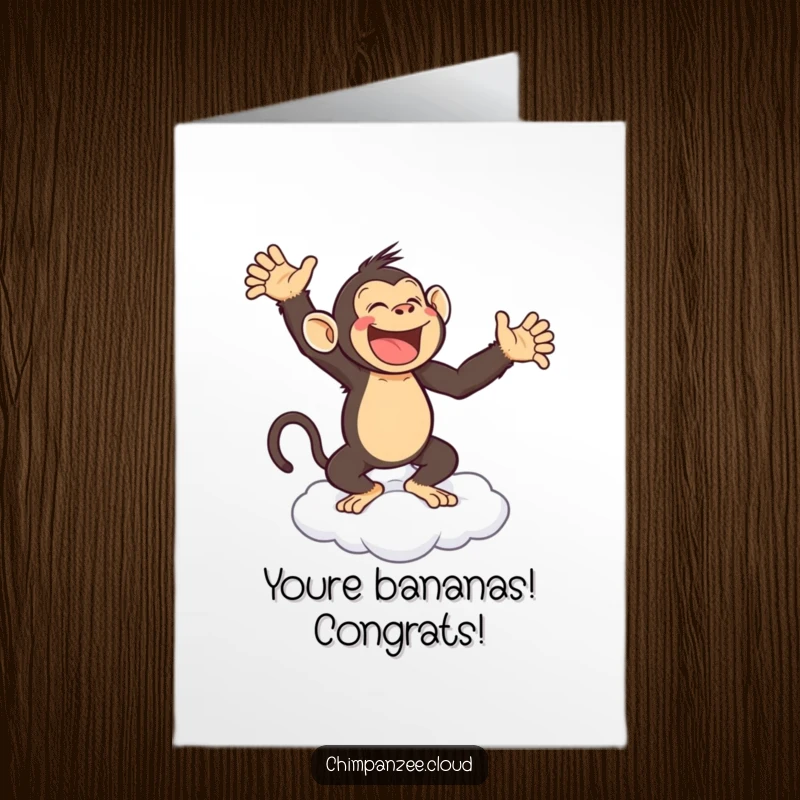 Funny Free Printable Congratulations Card: Ecstatic chimpanzee dances joyfully on a cloud, celebrating an incredible achievement with pure glee.