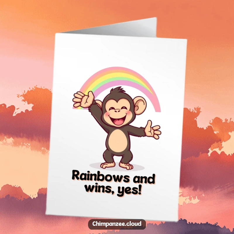 Funny Free Printable Congratulations Card: Happy chimpanzee excitedly reaches for a bright rainbow, celebrating a fantastic achievement.