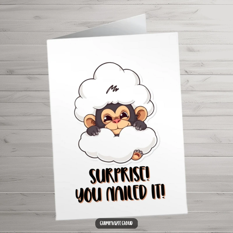 Funny Free Printable Congratulations Card: A mischievous chimpanzee hides behind a cloud, playfully observing and celebrating success.