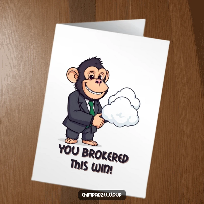 Funny Free Printable congratulations card: a chimpanzee in a business suit shakes hands with a cloud.