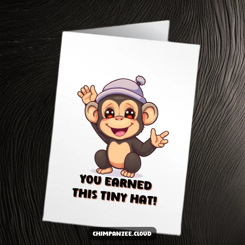 Funny Free Printable Congrats Card: a happy chimpanzee in a tiny hat waves enthusiastically, a cute downloadable gift.