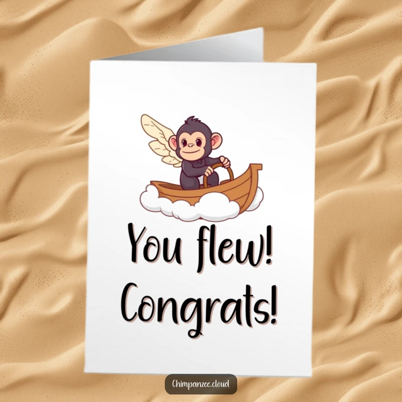 Funny Free Printable Congratulations Card: Chimpanzee with wings steering a cloud boat, symbolizing a triumphant journey to success.