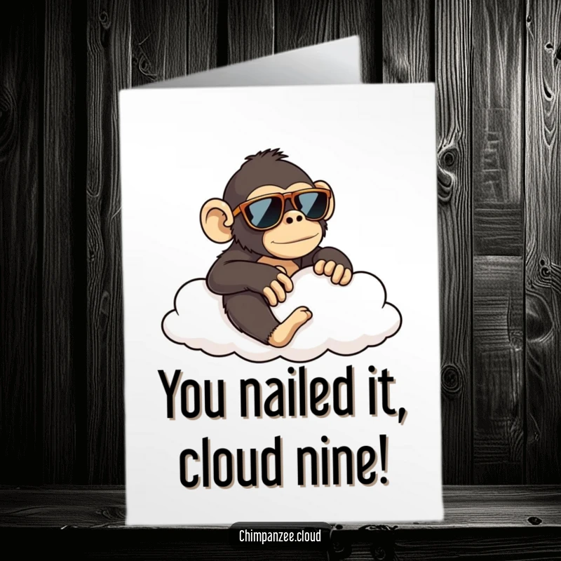 Funny Free Printable Congrats Card: Cool chimp in sunglasses chilling on a cloud, celebrating your big win.