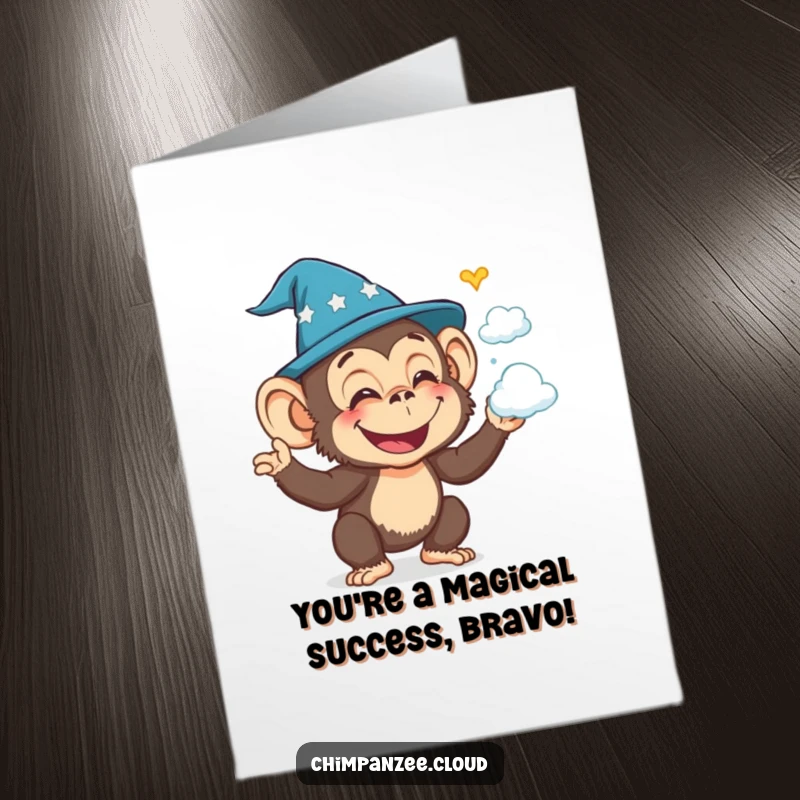 Funny Free Printable Congratulations Card: Joyful chimp wizard conjures cloud shapes, celebrating an amazing, magical success.