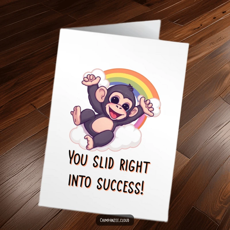 Funny Free Printable Congrats Card: A cheerful chimp slides down a rainbow cloud, celebrating your incredible accomplishment.