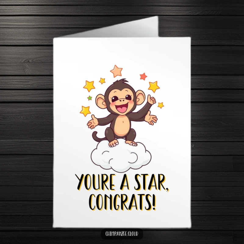Funny free printable congratulations card showing a chimpanzee juggling bright stars above a cloud, celebrating a star.