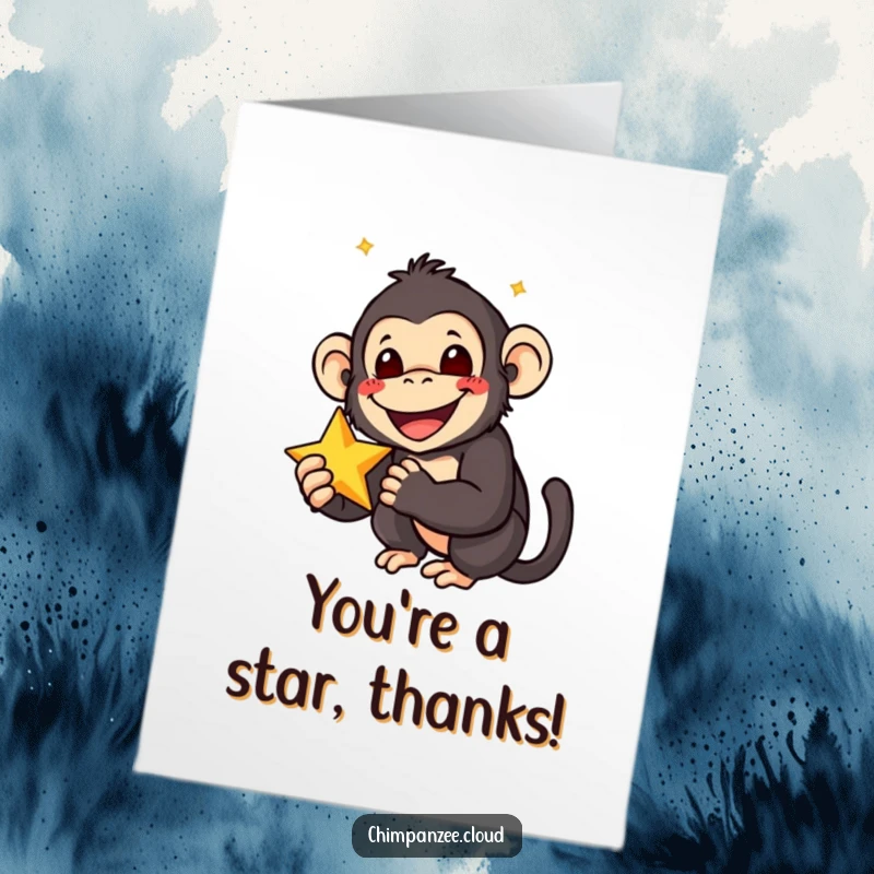 Funny Free Printable Thank You Card: Smiling chimpanzee holding a star with wide eyes, showing gratitude.