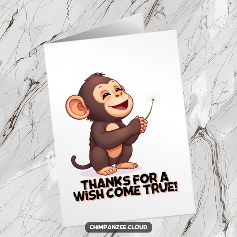 Funny Free Printable Thank You Card: Delighted chimpanzee blowing dandelion seeds into the starry sky, a whimsical thanks.