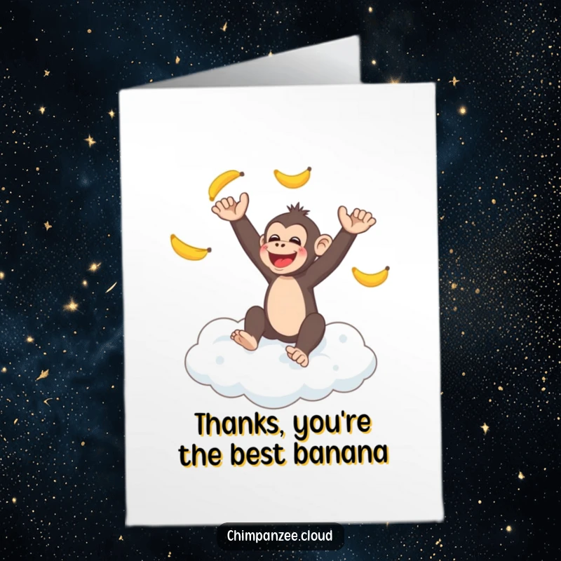 Funny Free Printable Thank You Card: Happy chimpanzee juggling bananas while sitting on a fluffy cloud, a delightful DIY gift.