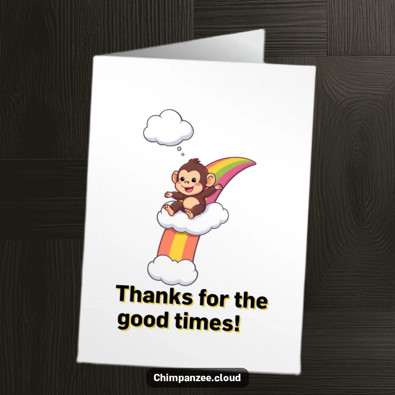 Funny Free Printable Thank You Card: A chimpanzee glides down a rainbow, a delightful and humorous way to say thanks.