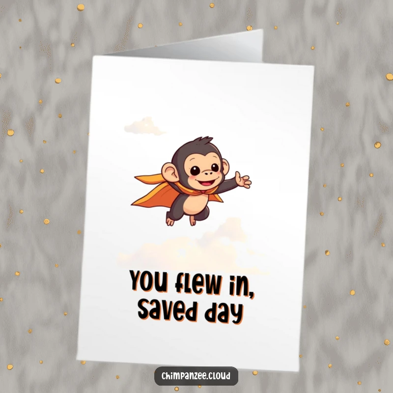Funny Free Printable Thank You Card: Adorable chimpanzee in a tiny cape, flying through clouds, saying thanks. Downloadable greeting.