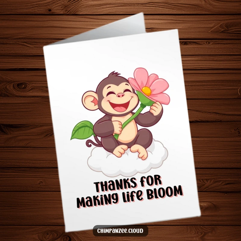 Funny Free Printable Thank You Card: Cheerful chimpanzee holding a giant flower on a cloud, expressing thanks. Downloadable greeting.