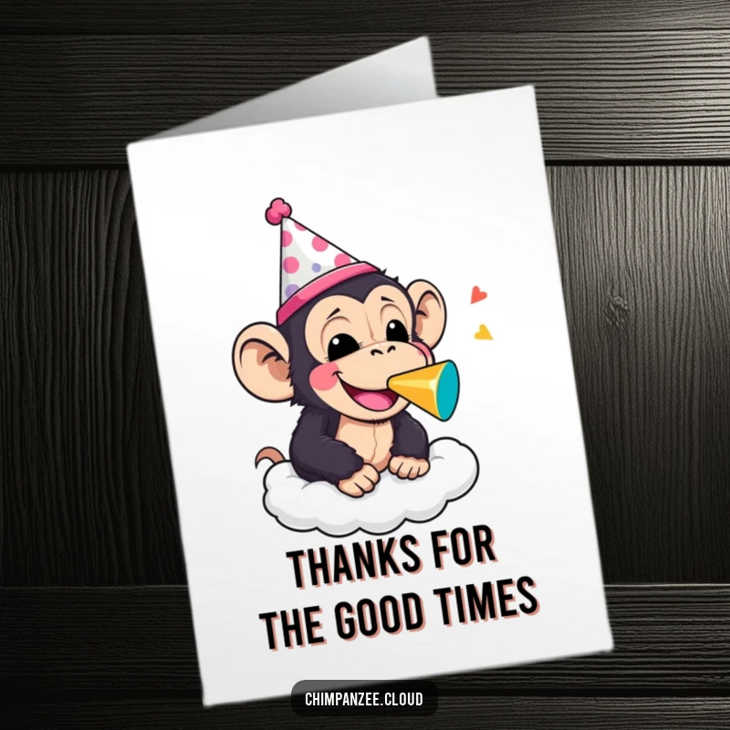 Funny Free Printable Thank You Card: Cheerful chimpanzee in a party hat blowing a noisemaker on a cloud. Thanks graphic.