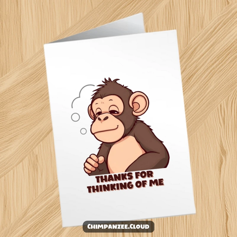 Funny Free Printable Thank You Card: A chimpanzee carefully observes a cloud, pondering its shape and contemplating gratitude.