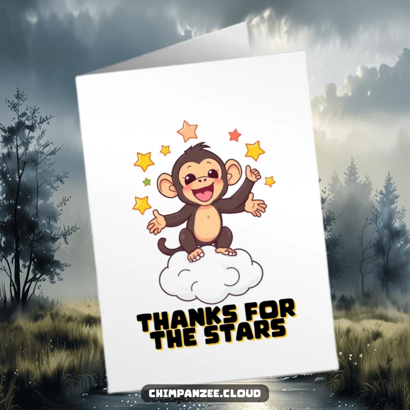 Funny free printable thank you card: a chimpanzee juggles colorful stars above a cloud, expressing thanks for brilliance.