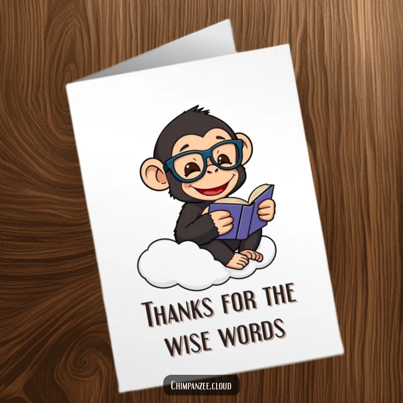 Funny free printable thank you card: a chimpanzee wearing glasses reads a book on a cloud, conveying thanks.
