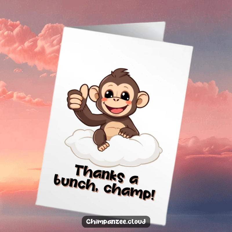 Funny Free Printable Thank You Card: Smiling chimpanzee giving a thumbs up from a cloud, expressing thanks. Downloadable card.