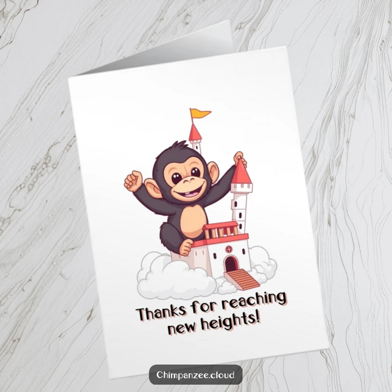 Funny Free Printable Thank You Card: a chimpanzee is busy building a castle from fluffy clouds, a charming downloadable gift.