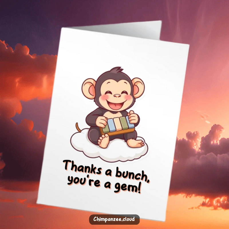 Funny Free Printable Thank You Card: A happy chimpanzee plays a miniature xylophone while perched on a whimsical cloud.