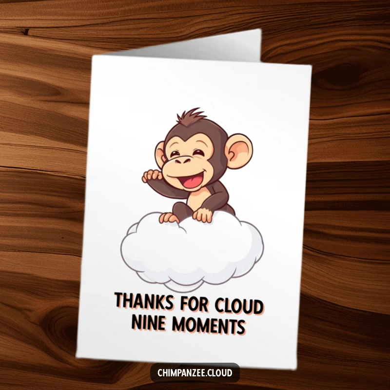 Funny Free Printable Thank You Card: Mischievous chimpanzee attempts to ride a cloud, saying thanks with a grin.