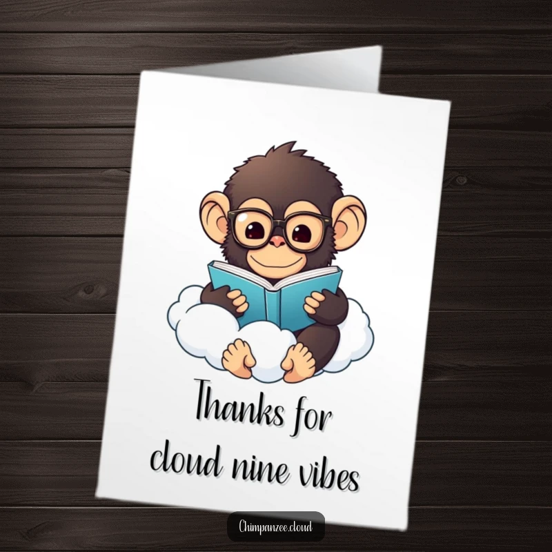 Funny Free Printable thank you card: a fluffy chimp wearing glasses reads on a cloud.