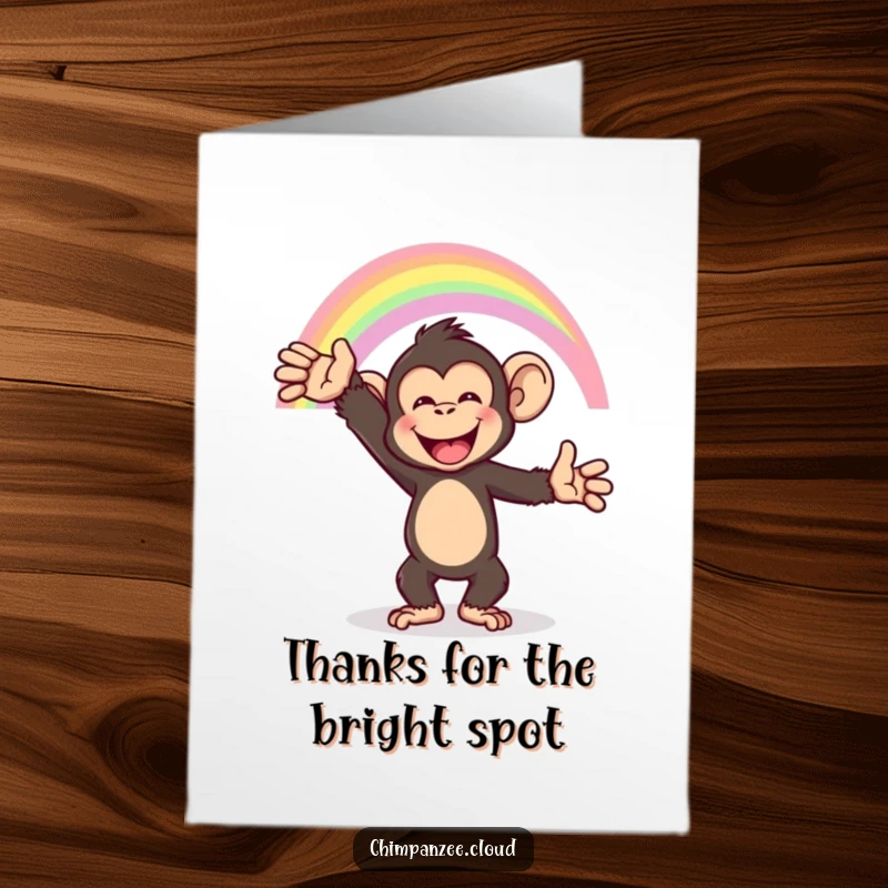 Funny Free Printable Thank You Card: Happy chimpanzee reaches for a colourful rainbow, conveying joyful thanks.