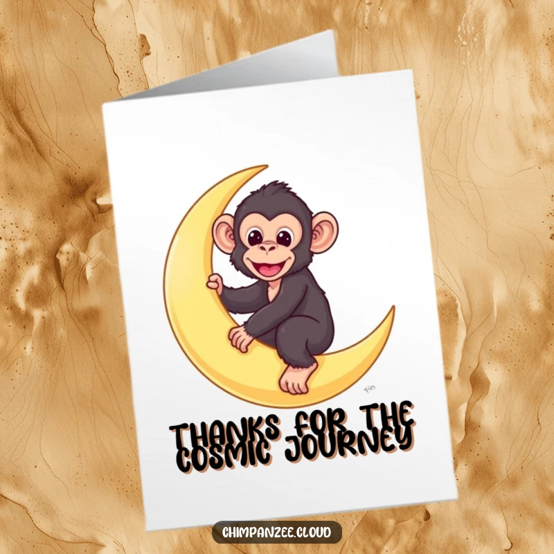Funny Free Printable Thank You Card showing a cute chimpanzee character riding a glowing crescent moon.
