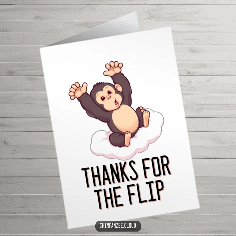 Funny Free Printable Thank You Card: A cheerful chimpanzee doing a somersault on a cloud, expressing thanks with energetic playfulness.
