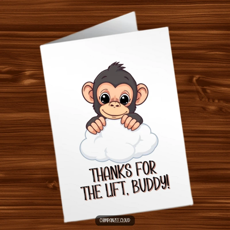 Funny Free Printable Thank You Card: Curious chimpanzee peeking over a cloud, offering thanks from a whimsical perspective.
