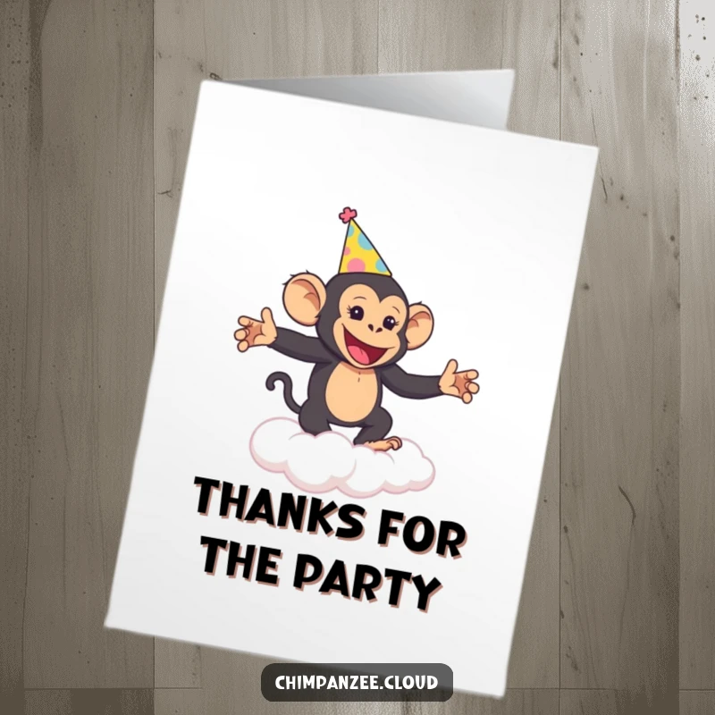 Funny Free Printable thank you card: a cheerful chimpanzee in a party hat dances on a cloud.