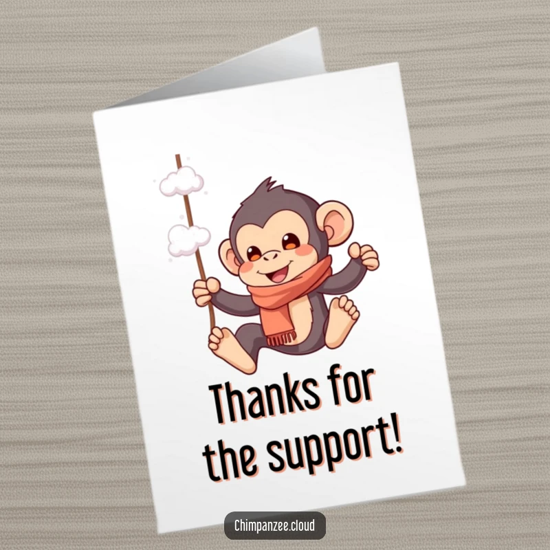 Funny Free Printable Thank You Card: Playful chimpanzee in scarf swinging from cloud wisps, expressing thanks.